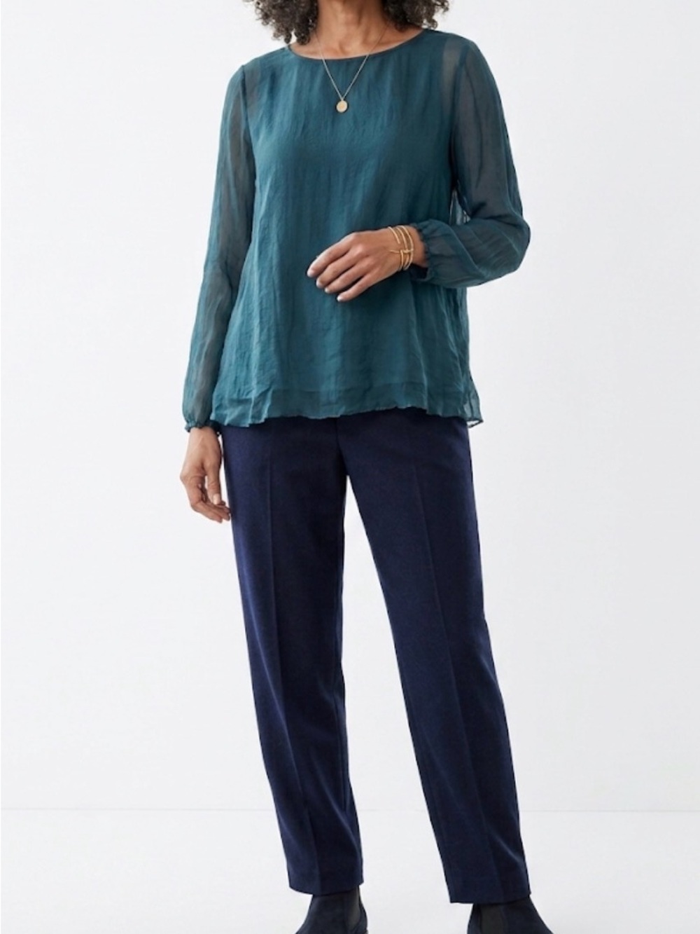 Eileen Fisher Teal Lightweight Long-Sleeve Sheer Silk Blouse